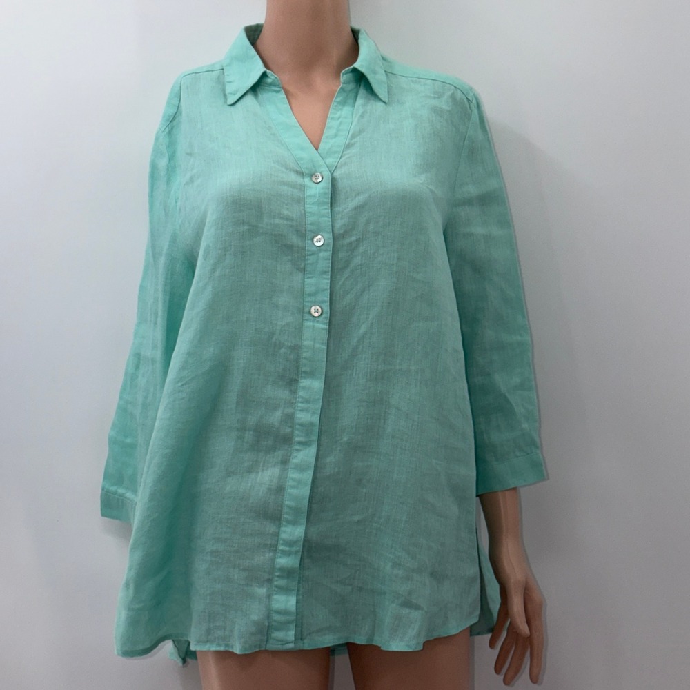Peck & Peck L Linen Aqua Green Tunic Coastal Grandmother Minimalist Euro Summer
